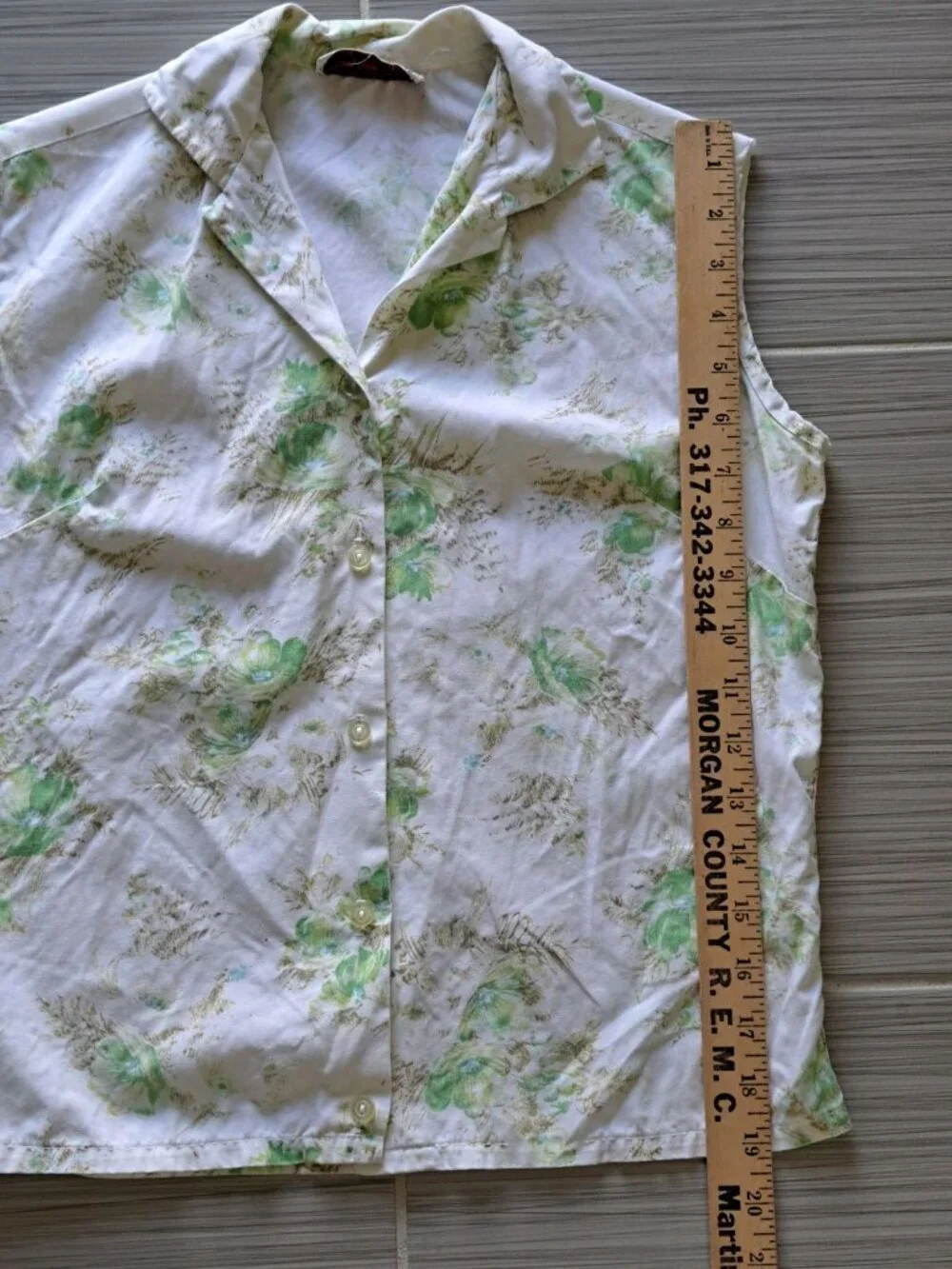 Vintage 70's Sleeveless Button-Up Blouse Green Floral Print Collared Women's S - Picture 9 of 9